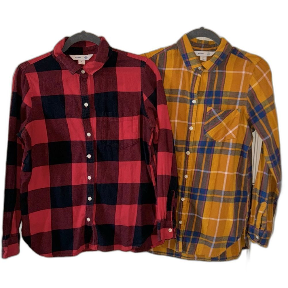 Old Navy flannel buffalo plaid buttonup top shirt red black yellow blue M S Tall